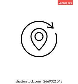 Preto redondo atualizar posição marca ícone de linha, simples estado de rastreamento de ordem pictograma vetor design plano, elementos de interface infográfica para aplicativo logotipo web site botão ui ux isolado no fundo branco