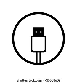 Black round USB cable, certified cable sign icon, simple technology infographic concept, flat design pictogram vector app logo web banner button ui ux interface elements isolated on white background