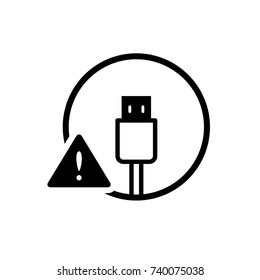 Black round USB cable warning issue icon, digital problem indicator flat design vector pictogram, infographic interface elements for app logo web website button ui ux isolated on white background
