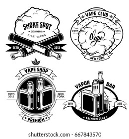 Black round vape badge set with smoke spot vape club descriptions vapor bar vector illustration