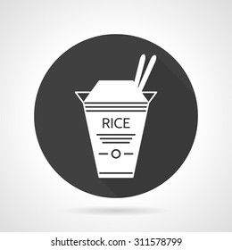 Black round vector icon with white contour box with rice and chopsticks. Take away food menu. Elements of web design for business or website.