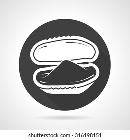 Black round vector icon with white contour open oyster or mussel. seafood menu, underwater creatures, bivalve animal. Elements of web design for business and website.