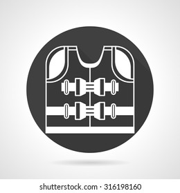 Black round vector icon with white contour life jacket. Life vest, outfit for safety on boat, ship, yacht. Web design elements.