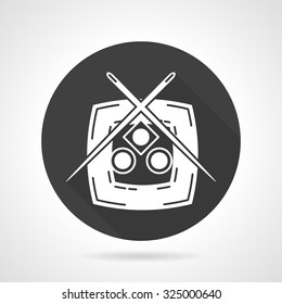 Black round vector icon with white silhouette plate with sushi set and chopsticks. Symbol for sushi menu, seafood delivery. Design symbols for business and website.