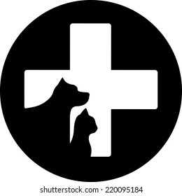 black round veterinary care icon with cross and pet