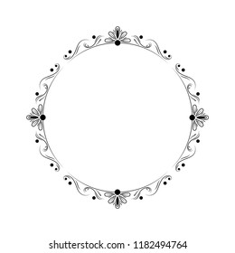 black round vintage frame with circles, dots with thin wavy lines, flower petals
