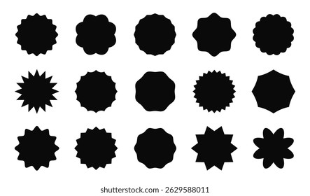 Black round wavy edge stickers, blank starburst shape badges for prices. Vintage price tag labels, sale or discount sticker with zigzag edges, simple circle promo banner silhouette vector set