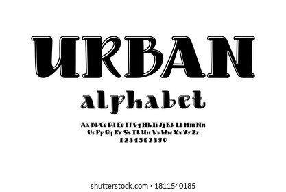 Black rounded font, alphabet in the urban style, uppercase and lowercase Latin letters from A to Z and Arab numbers from 0 to 9, vector illustration 10EPS
