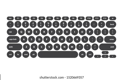 Black Rounded Keys Latin English Keyboard On White Background - Isolated Vector Illustration