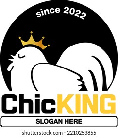 Black rounded logo with rooster. crown on the head. 