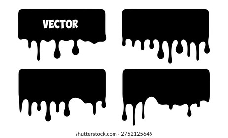 Black Rounded Rectangle Banners with Effect of Liquid Drip Flowing Down. Spilled, Drop, Splash, Drip. Effect of Blood, Milk, Melt Honey or Syrup. Vector Illustration.