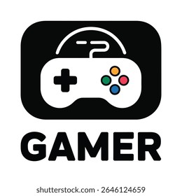 A black rounded rectangle contains a white retro game controller with colorful buttons The word GAMER is below in bold black lettering on a white background