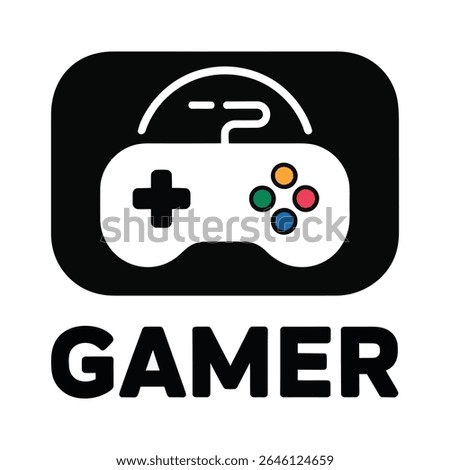 A black rounded rectangle contains a white retro game controller with colorful buttons The word GAMER is below in bold black lettering on a white background