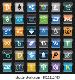 Iconos cuadrados redondeados negros con símbolos criptodivisa. Juego de iconos vectoriales para grupos de minería de moneda criptodivisa o intercambio de moneda digital.