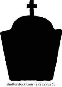Ilustración vectorial de silueta de lápida redondeada negra. Icono de lápida con detalle de cruz aislado sobre fondo blanco. Gráfico del cementerio de Halloween para decoración espeluznante, marca de casa encantada y corte de vinilo.