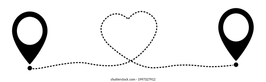 Black route to the heart with two pointers on the map. Vector illustration
