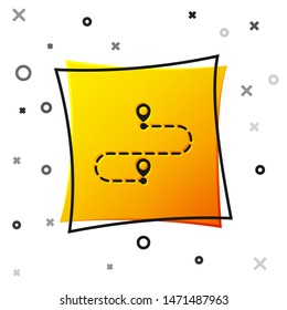 Black Route location icon isolated on white background. Map pointer sign. Concept of path or road. GPS navigator. Yellow square button. Vector Illustration