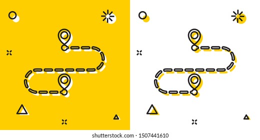 Black Route location icon isolated on yellow and white background. Map pointer sign. Concept of path or road. GPS navigator. Random dynamic shapes. Vector Illustration
