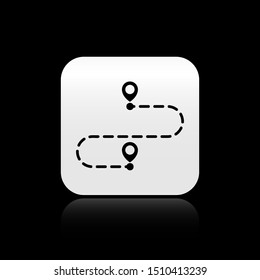 Black Route location icon isolated on black background. Map pointer sign. Concept of path or road. GPS navigator. Silver square button. Vector Illustration