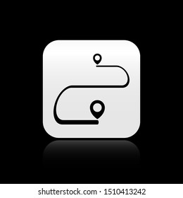 Black Route location icon isolated on black background. Map pointer sign. Concept of path or road. GPS navigator. Silver square button. Vector Illustration