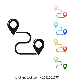 Black Route location icon isolated on white background. Map pointer sign. Concept of path or road. GPS navigator. Set icons colorful. Vector Illustration