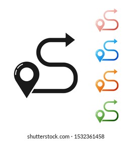 Black Route location icon isolated on white background. Map pointer sign. Concept of path or road. GPS navigator. Set icons colorful. Vector Illustration