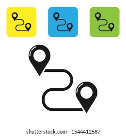 Black Route location icon isolated on white background. Map pointer sign. Concept of path or road. GPS navigator. Set of colorful square icon buttons. Vector Illustration