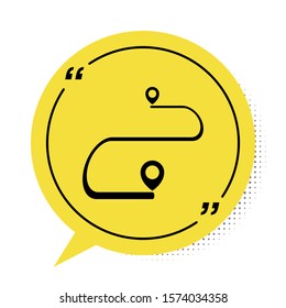 Black Route location icon isolated on white background. Map pointer sign. Concept of path or road. GPS navigator. Yellow speech bubble symbol. Vector Illustration