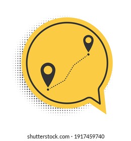 Black Route location icon isolated on white background. Map pointer sign. Concept of path or road. GPS navigator. Yellow speech bubble symbol. Vector.