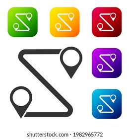 Black Route location icon isolated on white background. Map pointer sign. Concept of path or road. GPS navigator. Set icons in color square buttons. Vector Illustration
