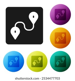 Black Route location icon isolated on white background. Map pointer sign. Concept of path or road. GPS navigator. Set icons in color circle buttons. Vector