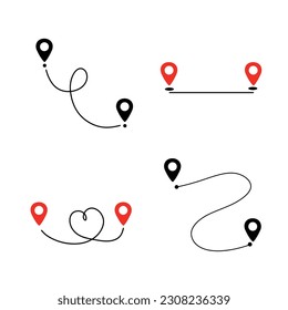Black route tracking icon. Simple 2 pins path. Searching global mobile GPS navigation. Set of Line distance illustration isolated on white