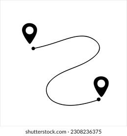Icono de seguimiento de ruta negra. Ruta simple de 2 pines. Buscando navegación global por GPS móvil. Ilustración de distancia de línea aislada en blanco