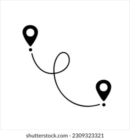 Black route tracking icon. Simple 2 pins path. Searching global mobile GPS navigation. Line distance illustration isolated on white