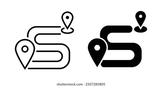 Black route tracking icon,  simple 2 pins searching flat design vector pictogram, Destination vector icon isolated on white background, 