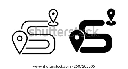 Black route tracking icon,  simple 2 pins searching flat design vector pictogram, Destination vector icon isolated on white background, 