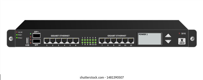 Black Router IP Traffic For Mounting With A 19 Inch Rack. SFP, SFP+, USB,  RG-45 Connectors And Router Management Screen. Vector Illustration.