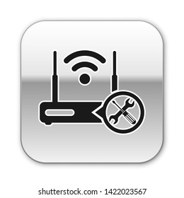 Black Router wi-fi with screwdriver and wrench icon isolated on white background. Adjusting, service, setting, maintenance, repair, fixing. Silver square button. Vector Illustration