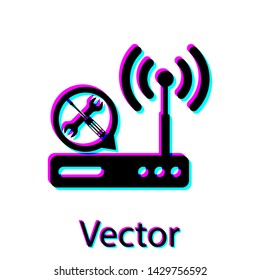 Black Router wi-fi with screwdriver and wrench icon isolated on white background.  
