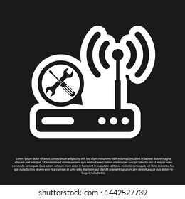 Black Router wi-fi with screwdriver and wrench icon isolated on black background. Adjusting, service, setting, maintenance, repair, fixing.  Vector Illustration