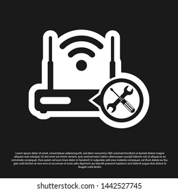 Black Router wi-fi with screwdriver and wrench icon isolated on black background. Adjusting, service, setting, maintenance, repair, fixing.  Vector Illustration
