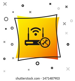 Black Router wi-fi with screwdriver and wrench icon isolated on white background. Adjusting, service, setting, maintenance, repair, fixing. Yellow square button. Vector Illustration