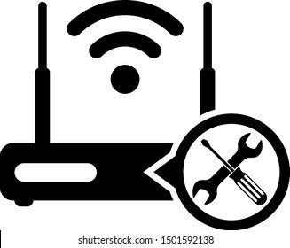 Black Router Wi-fi With Screwdriver And Wrench Icon Isolated On White Background. Adjusting, Service, Setting, Maintenance, Repair, Fixing.  Vector Illustration