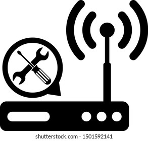 Black Router wi-fi with screwdriver and wrench icon isolated on white background. Adjusting, service, setting, maintenance, repair, fixing.  Vector Illustration