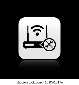 Black Router wi-fi with screwdriver and wrench icon isolated on black background. Adjusting, service, setting, maintenance, repair, fixing. Silver square button. Vector Illustration