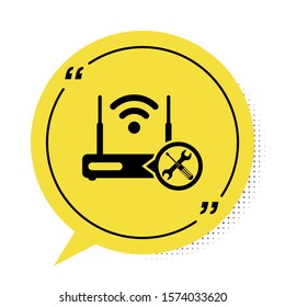 Black Router wi-fi with screwdriver and wrench icon isolated on white background. Adjusting, service, setting, maintenance, repair, fixing. Yellow speech bubble symbol. Vector Illustration