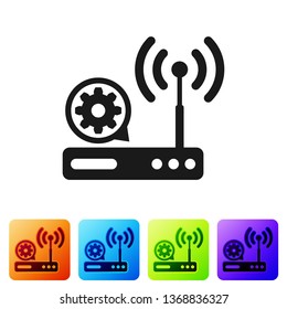 Black Router and wi-fi signal and gear icon on white background. Adjusting app, service concept, setting options, maintenance, repair, fixing. Set icon in color square buttons. Vector Illustration
