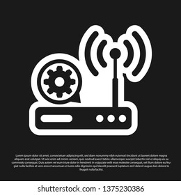 Black Router and wi-fi signal and gear icon isolated on black background. Adjusting app, service concept, setting options, maintenance, repair, fixing. Vector Illustration