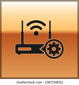 Black Router and wi-fi signal and gear icon isolated on gold background. Adjusting app, service concept, setting options, maintenance, repair, fixing. Vector Illustration