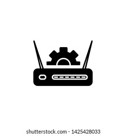 Black Router and wi-fi signal and gear icon on white background. Adjusting app, service concept, setting options, maintenance, repair, fixing. Set icon in color square buttons. Vector Illustration